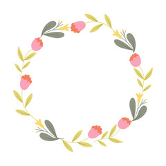 Round frame with wild flowers isolated on white background. Spring Clip Art. Vector Design Illustration.