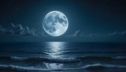 A digital artwork depicting a full moon over the ocean at night, rendered in a monochromatic blue color scheme