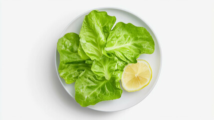 Fresh lamb's lettuce with lemon slice on white plate for healthy meal prep and design inspiration