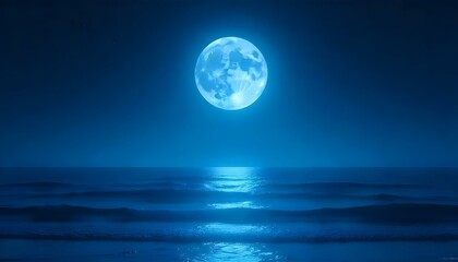 A digital artwork depicting a full moon over the ocean at night, rendered in a monochromatic blue color scheme
