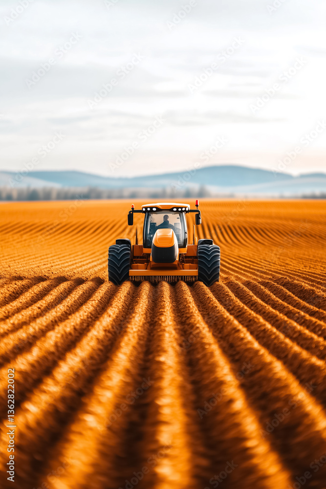 Poster tractor plowing through expansive orange field creating evenly spaced furrows. scenic setting with m