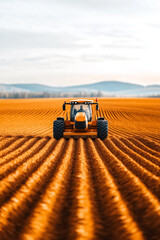 Tractor plowing through expansive orange field creating evenly spaced furrows. Scenic setting with mountains in background and bright sky overhead. Concept of agriculture, farming, machinery