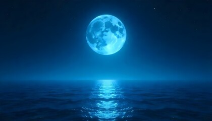 A digital artwork depicting a full moon over the ocean at night, rendered in a monochromatic blue color scheme