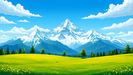 summer landscape with mountains cartoon illustration background 