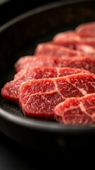 Premium beef steak Succulent slices of high-quality marbled meat arranged on a wooden board, garnished with fresh herbs, perfect for gourmet cooking and culinary presentations.