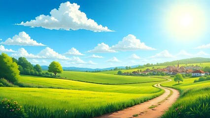 green field and blue sky cartoon illustration background 