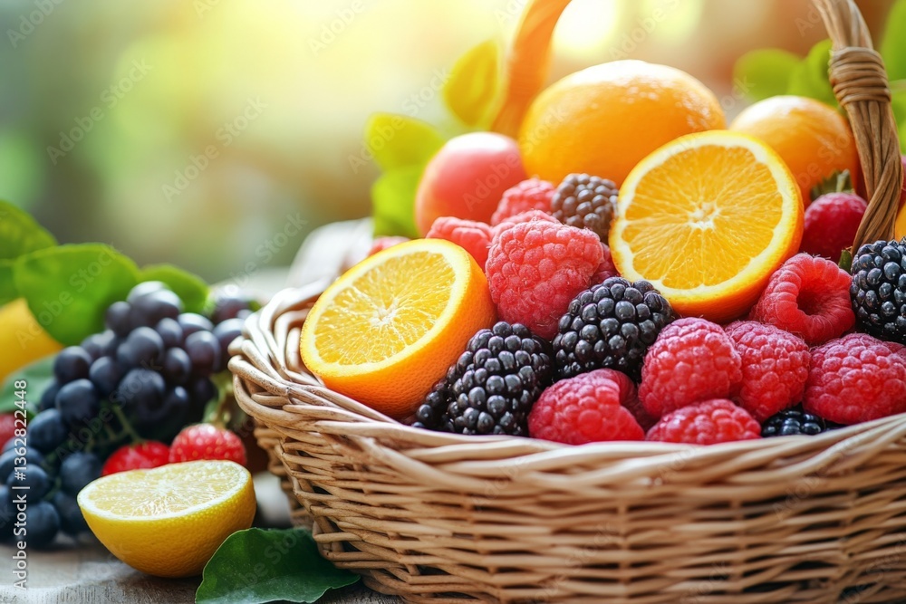 Poster freshly picked fruit basket filled with vibrant berries and citrus on a sunny table in a garden sett