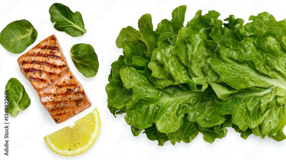 Aufkleber fresh lambs lettuce with grilled salmon and lemon slice for healthy menu design