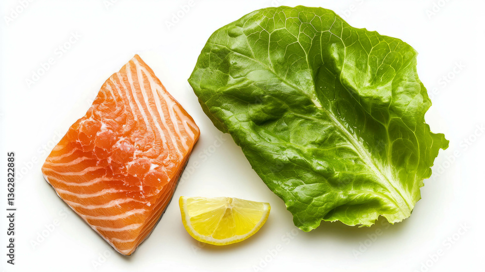 Aufkleber fresh lamb's lettuce and salmon with lemon slice on white background