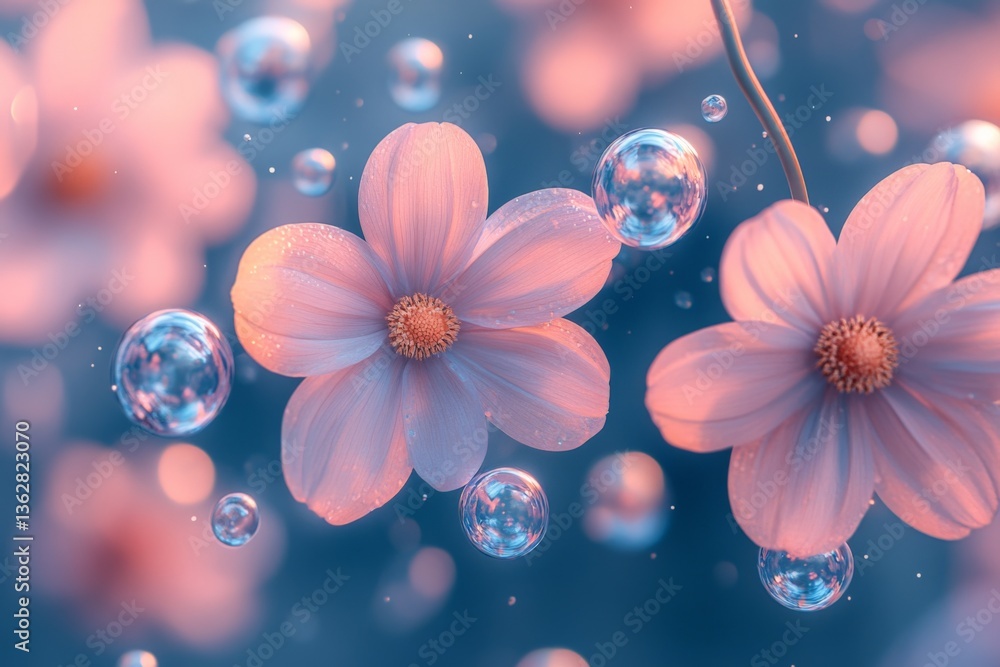 Poster soft pink flowers surrounded by bubbles in a serene blue background create a tranquil atmosphere