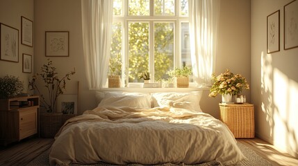 Clean and cozy bedroom mockup template with daylight streaming through a window, offering a calm space. 