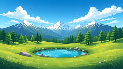 mountain landscape with lake cartoon illustration background 