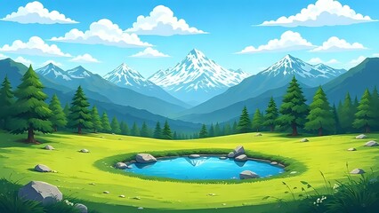 lake in the mountains cartoon illustration background 