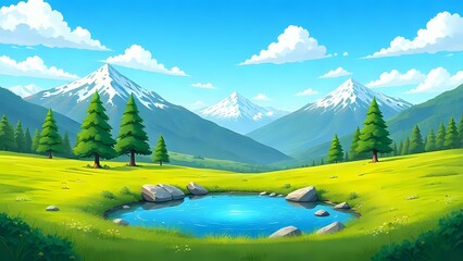 mountain landscape with lake cartoon illustration background 