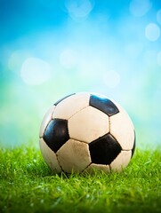 Fototapeta premium A close-up of a soccer ball resting on vibrant green grass, set against a soft blue background, This image is ideal for sports-related content, promotions, or educational materials,