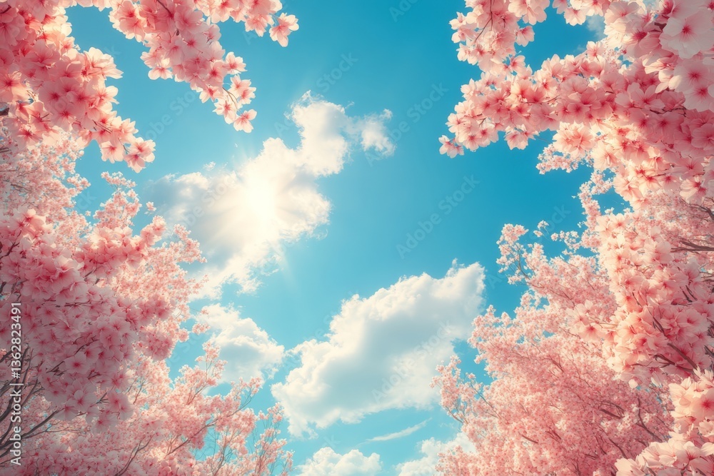 Aufkleber pink cherry blossoms frame a sunny sky with fluffy clouds during springtime in a serene park atmosph