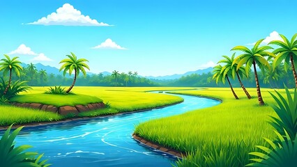 tropical landscape with palm trees cartoon illustration background 