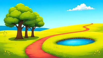 landscape with trees and blue sky cartoon illustration background 