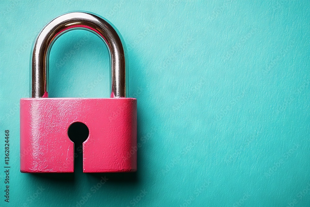 Poster Bright pink padlock on a turquoise background with a shiny finish capturing attention in a minimalist design