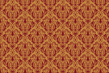Warm brown and deep red damask pattern, evoking antique European luxury. Great for wallpaper, upholstery, textiles, and vintage decor.