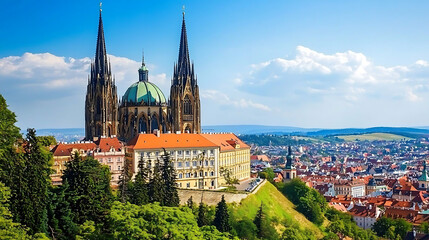 Fototapeta premium Majestic cathedral atop hill city