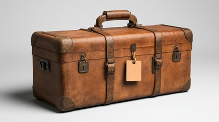 A vintage brown leather suitcase with metal accents, featuring a blank tag, symbolizes travel and adventure, Ideal for travel blogs, advertisements, or vintage-themed projects,