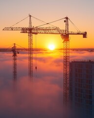 Construction Cranes Silhouette at Sunrise Above Fog