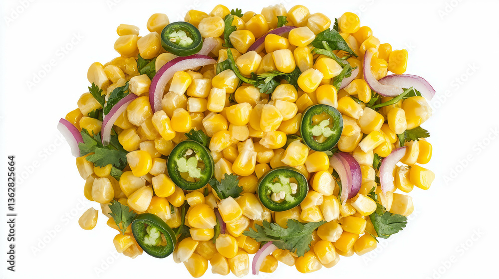 Poster fresh lime and corn salad with jalapeno and cilantro garnish