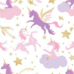 Fototapeta premium Magical seamless pattern of cute unicorns, fairies, shooting stars, and fluffy clouds in pastel colors and gold sparkles Generative AI