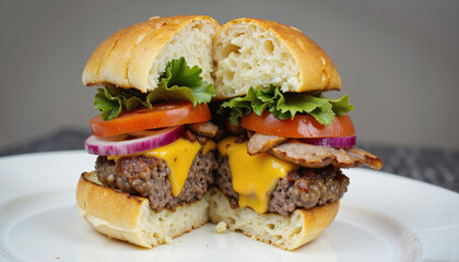 A delectable cheeseburger cut in half, revealing layers of juicy beef patties, melted cheese, crisp bacon, fresh lettuce, and ripe tomatoes, all nestled between soft buns on a pristine white plate