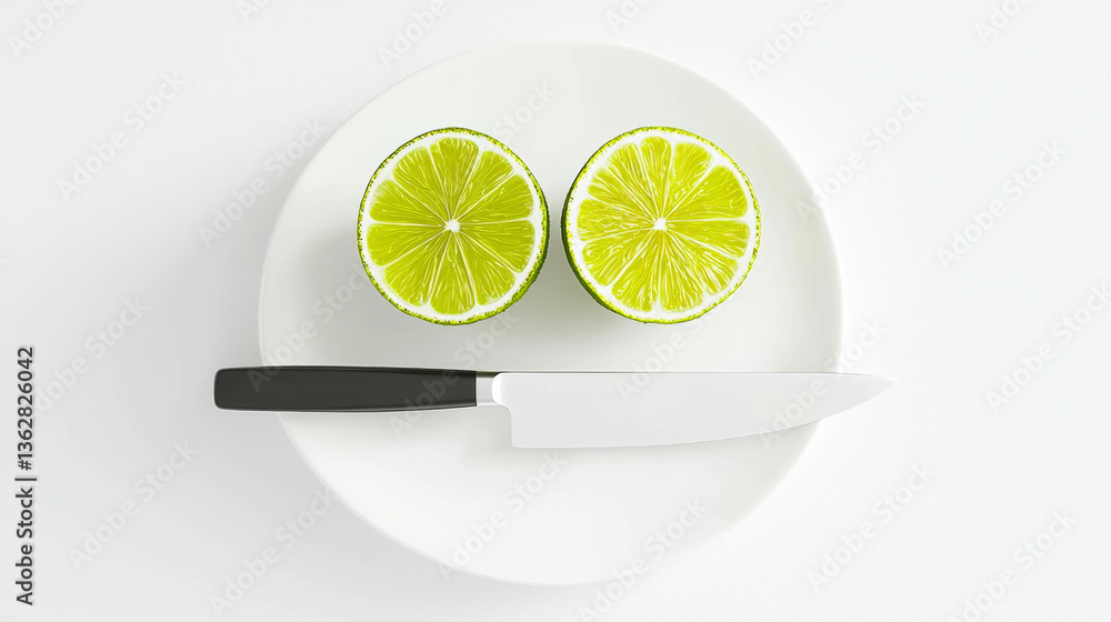 Poster fresh lime halves on white plate with knife - citrus for culinary use