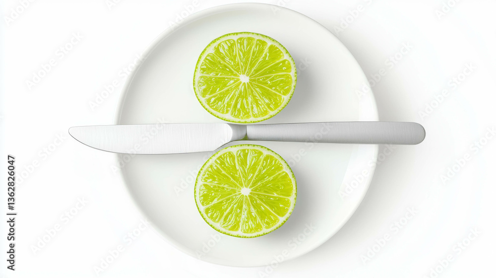 Poster fresh lime halves on white plate with knife for culinary and design use