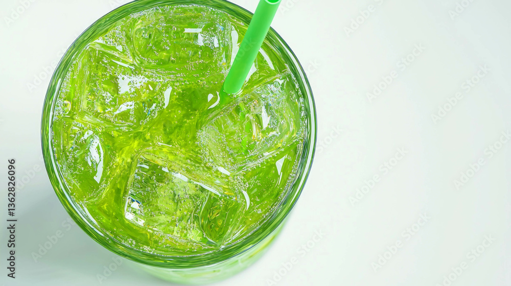 Poster refreshing lime juice in glass with ice and straw
