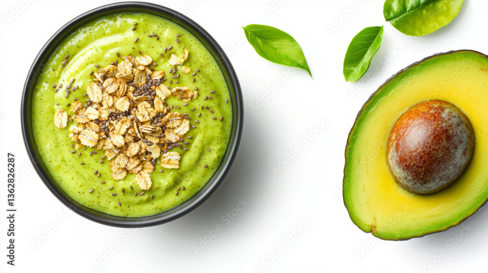 Poster refreshing mango and avocado smoothie with granola topping in a black bowl