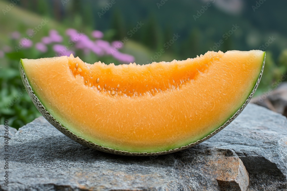 Poster fresh cantaloupe slice rests on stone with blurred colorful flowers in background during sunny day i