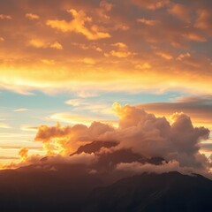 Sunrise paints cumulus and cirrus clouds above a majestic mountain peak, a vibrant dawn scene, art, sun, image