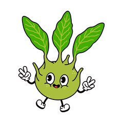 Adorable Kohlrabi cartoon character strikes a cheerful pose with peace sign gestures on a white background.