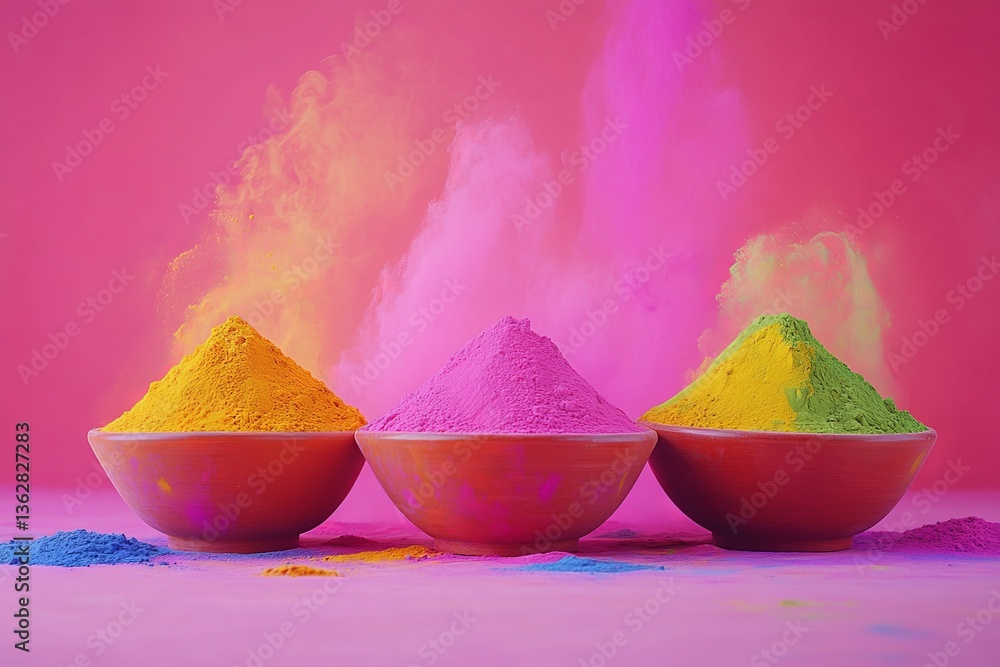 Poster colorful powders in bowls create a vibrant display against a bright pink background during a festive