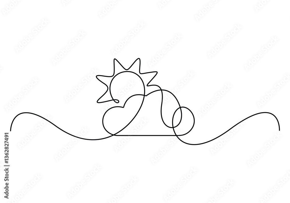 Poster one line sun with cloud sketch. continuous single art drawing creative linear weather icon isolated 