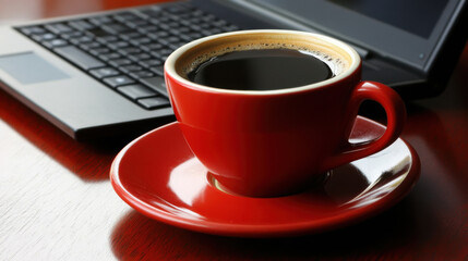 A vibrant red coffee cup with a saucer sits beside a laptop, isolated on a transparent background, evoking a cozy work atmosphere.