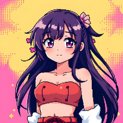 Pixelated Anime Girl with Crop T-shirt: Retro Waifu Art