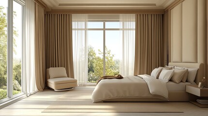 Clean-style beige bedroom interior with a calm, minimalist feel. 
