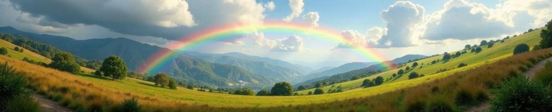 Double rainbow arches over rolling hills, glistening foliage , droplets, rural, scenic