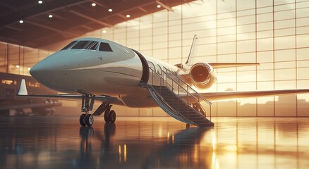 Private jet in hangar at sunrise