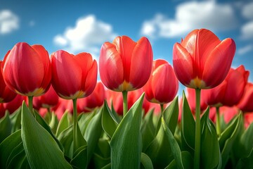 Bright red tulips bloom under a clear blue sky in a vibrant flower field during springtime