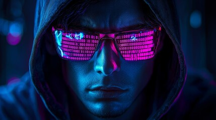 Cybernetic Vision: A digital age hacker with binary code reflecting in glasses