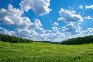 Obraz premium Vibrant green meadow under a blue sky