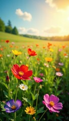 Obraz premium Vibrant wildflowers carpet sun-drenched field, joyful, floral, summer