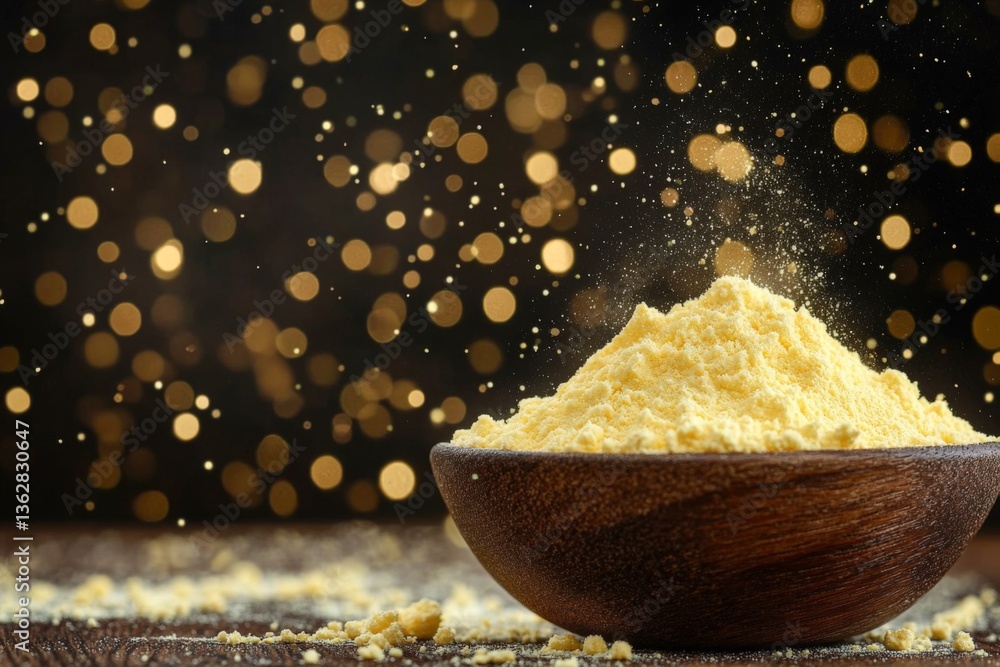 Aufkleber Flour-like substance in wooden bowl with golden sparkles against a dark background creating a festive atmosphere