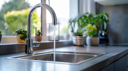 Modern kitchen sink with flowing water